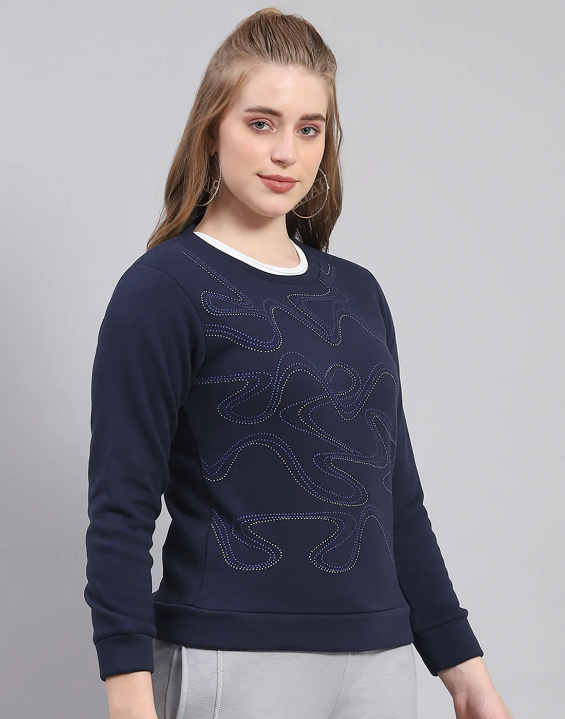 Women Navy Blue Printed Round Neck Full Sleeve Sweatshirt - Image 4