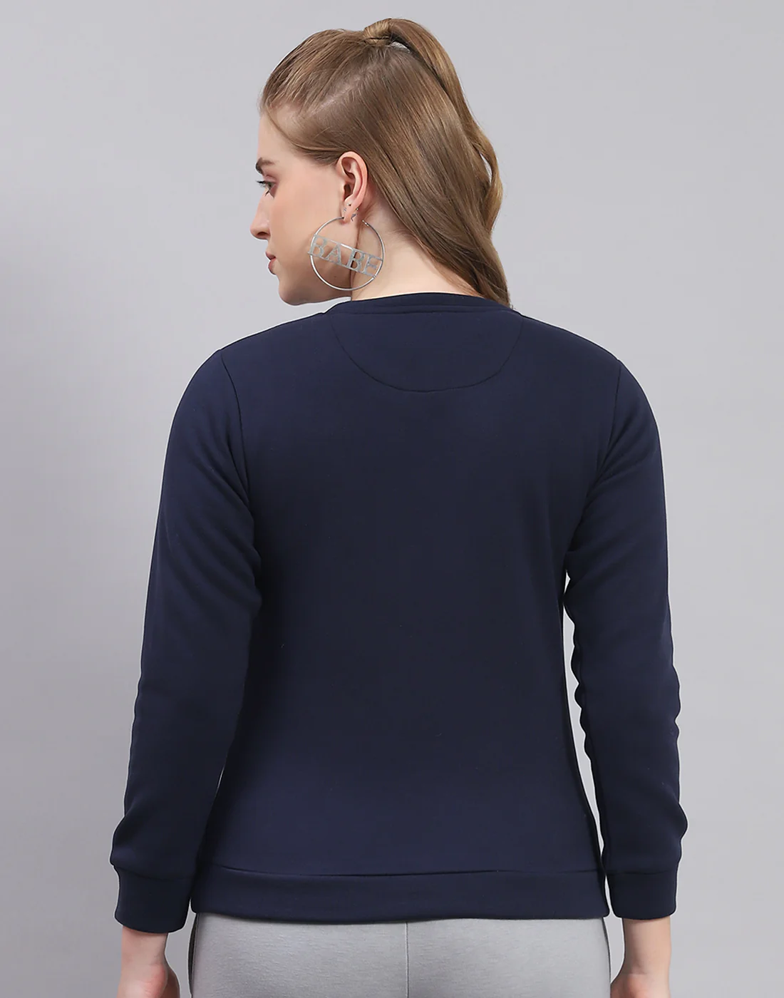 Women Navy Blue Printed Round Neck Full Sleeve Sweatshirt - Image 5