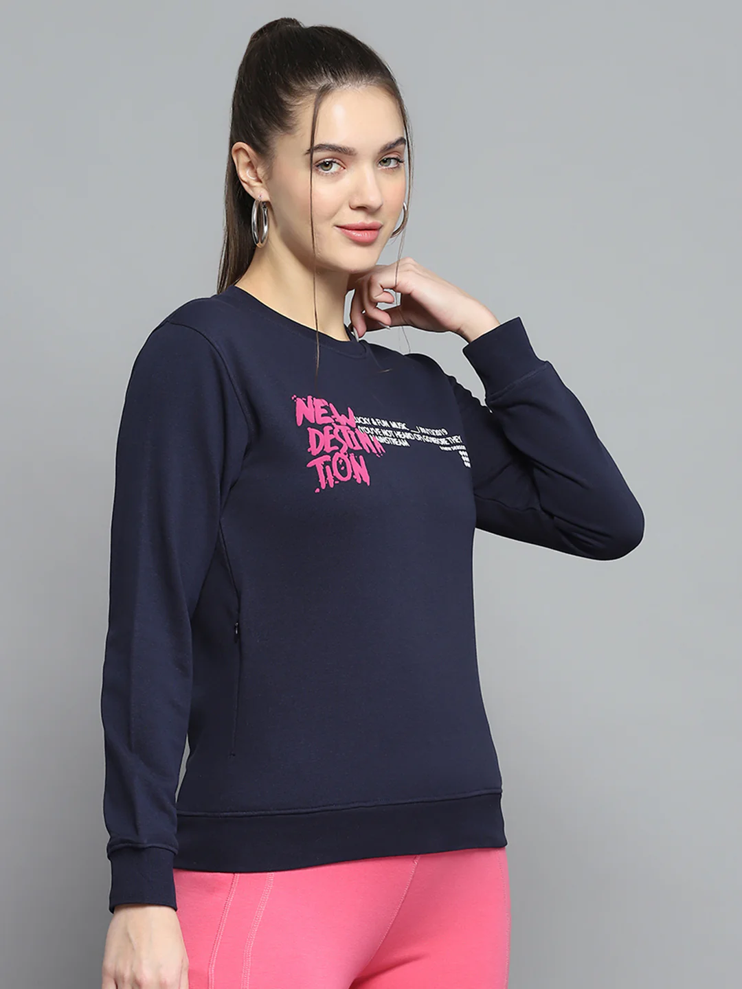 Rock.it Women Navy Blue Printed Round Neck Full Sleeve Sweatshirt - Image 4