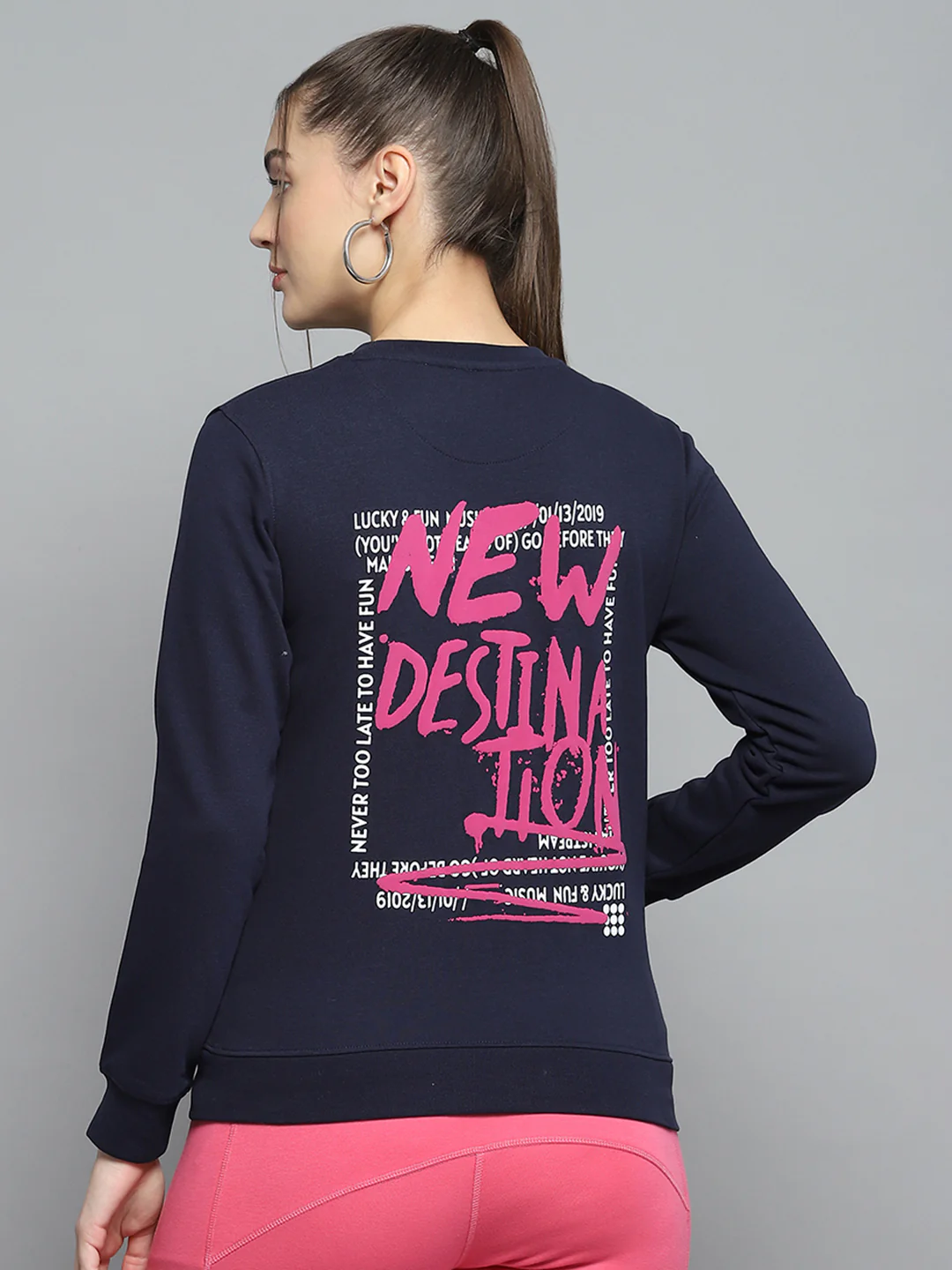 Rock.it Women Navy Blue Printed Round Neck Full Sleeve Sweatshirt - Image 5