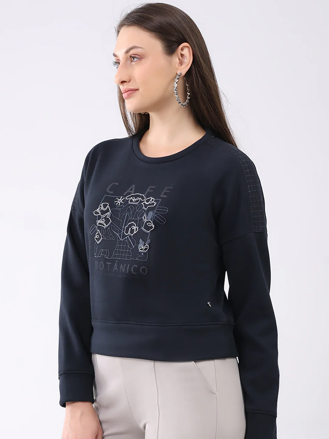 Women Navy Blue Printed Round Neck Full Sleeve Sweatshirt - Image 3