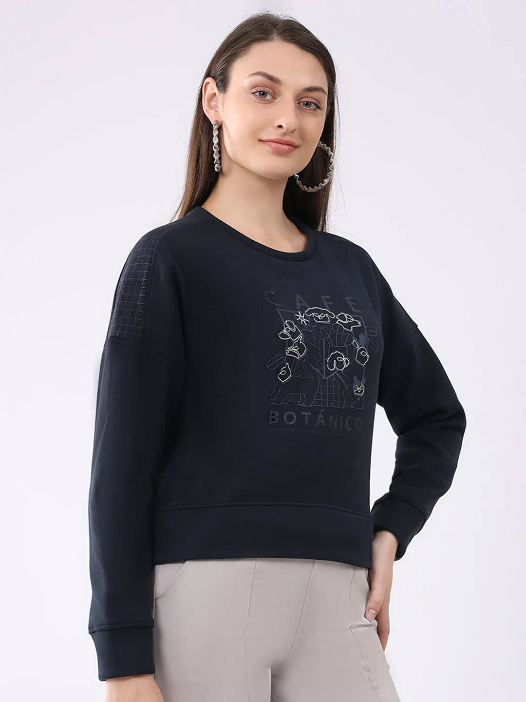 Women Navy Blue Printed Round Neck Full Sleeve Sweatshirt - Image 4