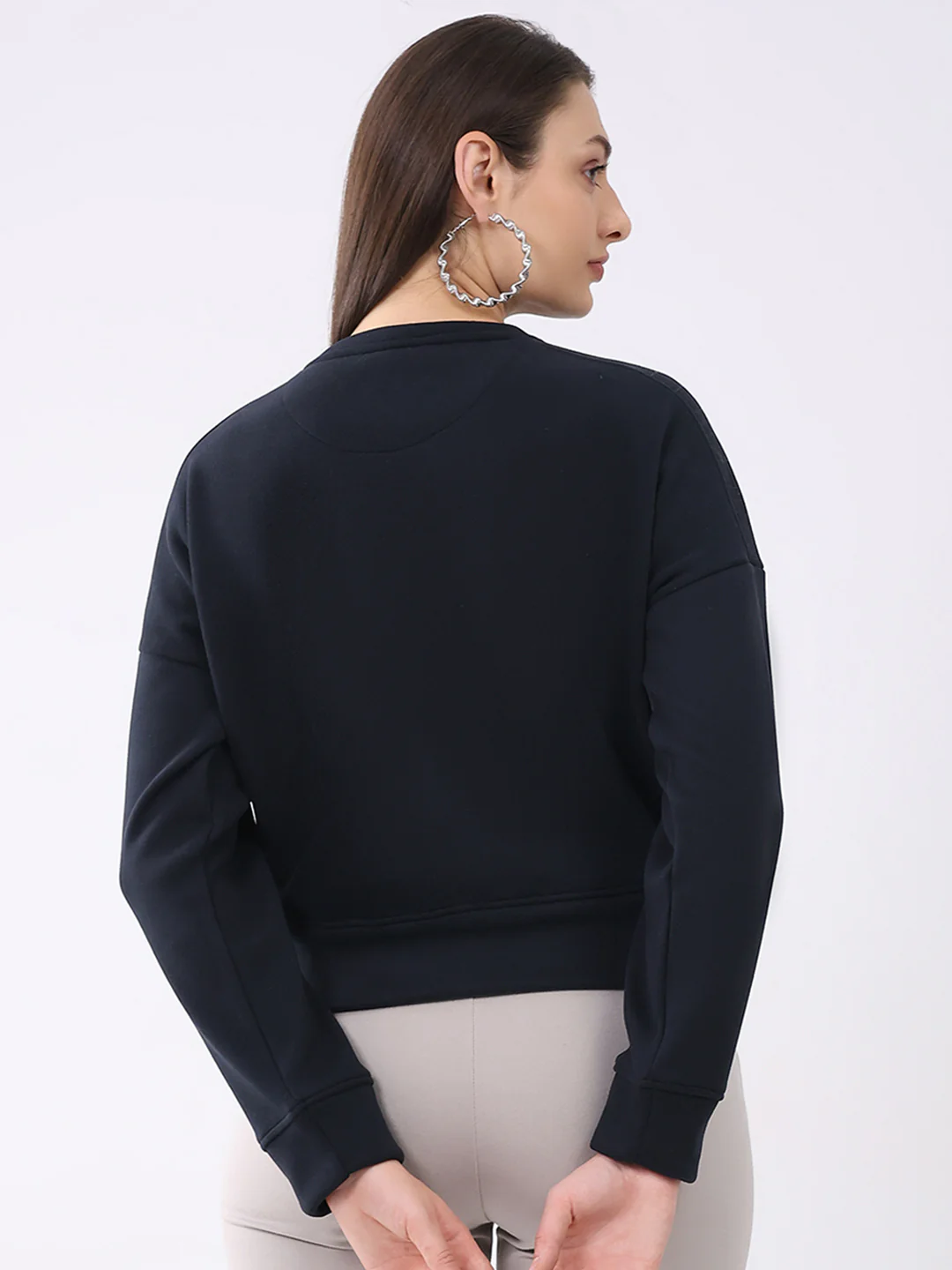 Women Navy Blue Printed Round Neck Full Sleeve Sweatshirt - Image 5