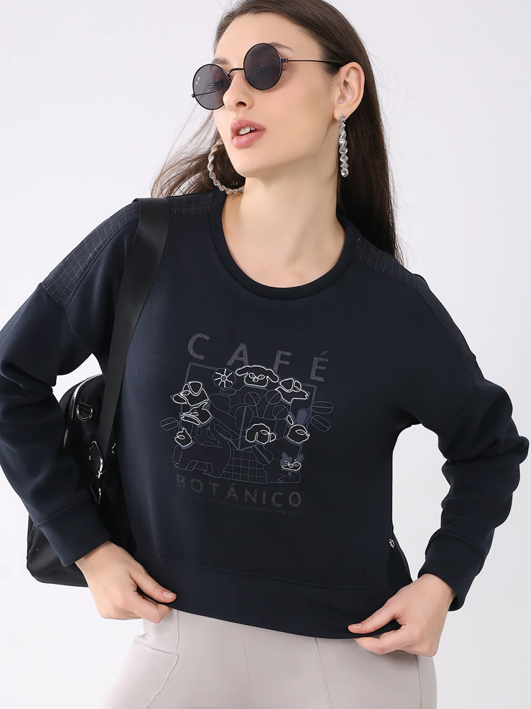 Women Navy Blue Printed Round Neck Full Sleeve Sweatshirt - Image 6