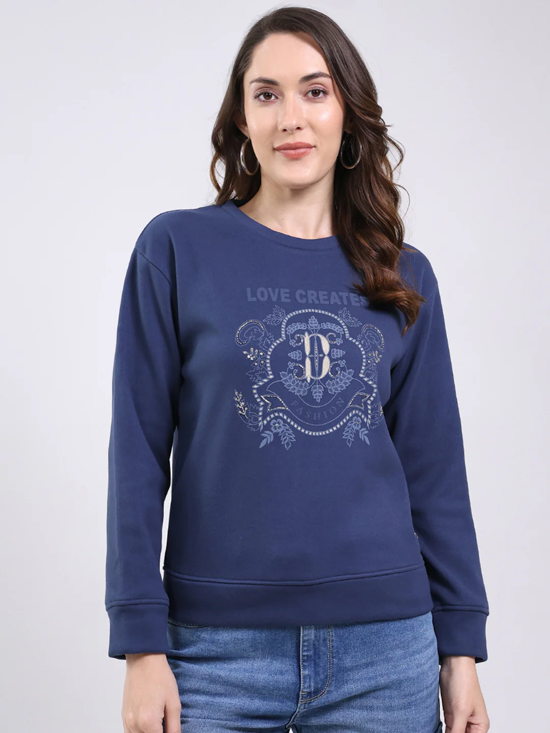 Women Navy Blue Printed Round Neck Full Sleeve Sweatshirt