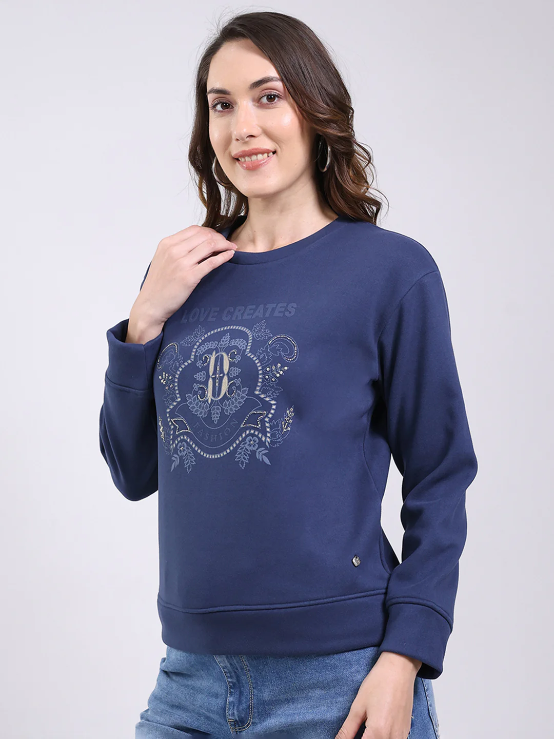 Women Navy Blue Printed Round Neck Full Sleeve Sweatshirt - Image 3