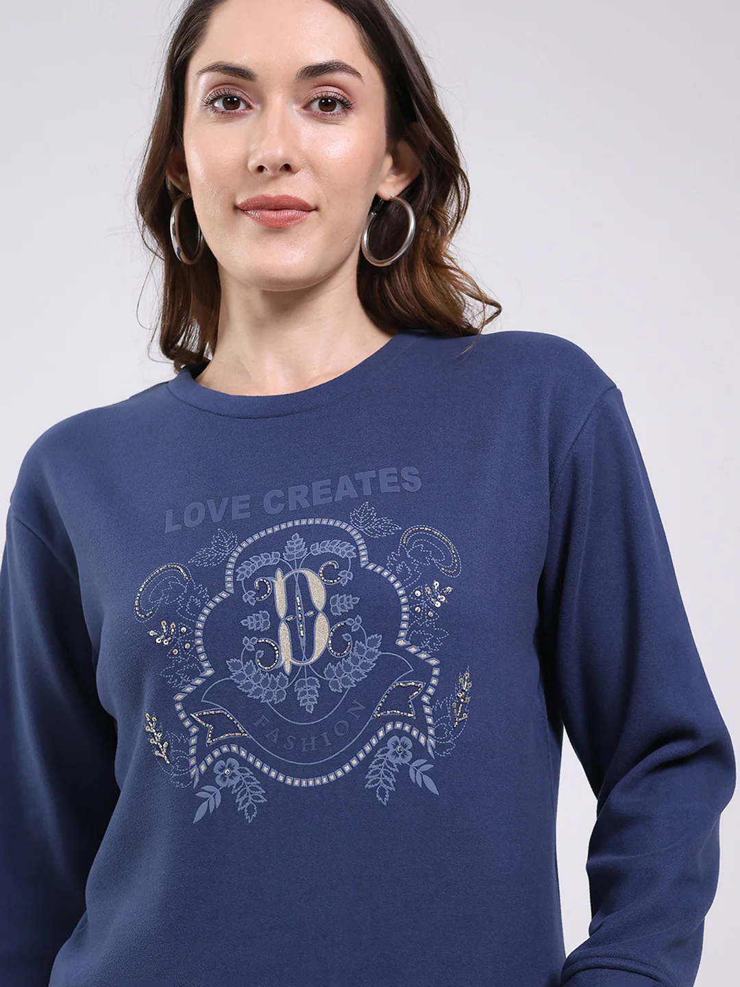 Women Navy Blue Printed Round Neck Full Sleeve Sweatshirt - Image 6