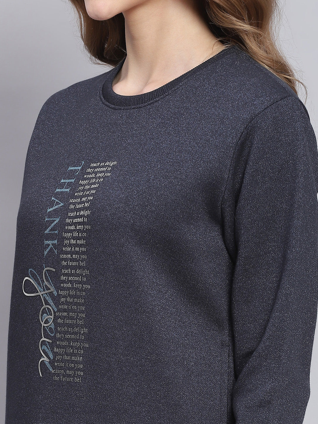 Women Navy Blue Printed Round Neck Full Sleeve Sweatshirts - Image 6