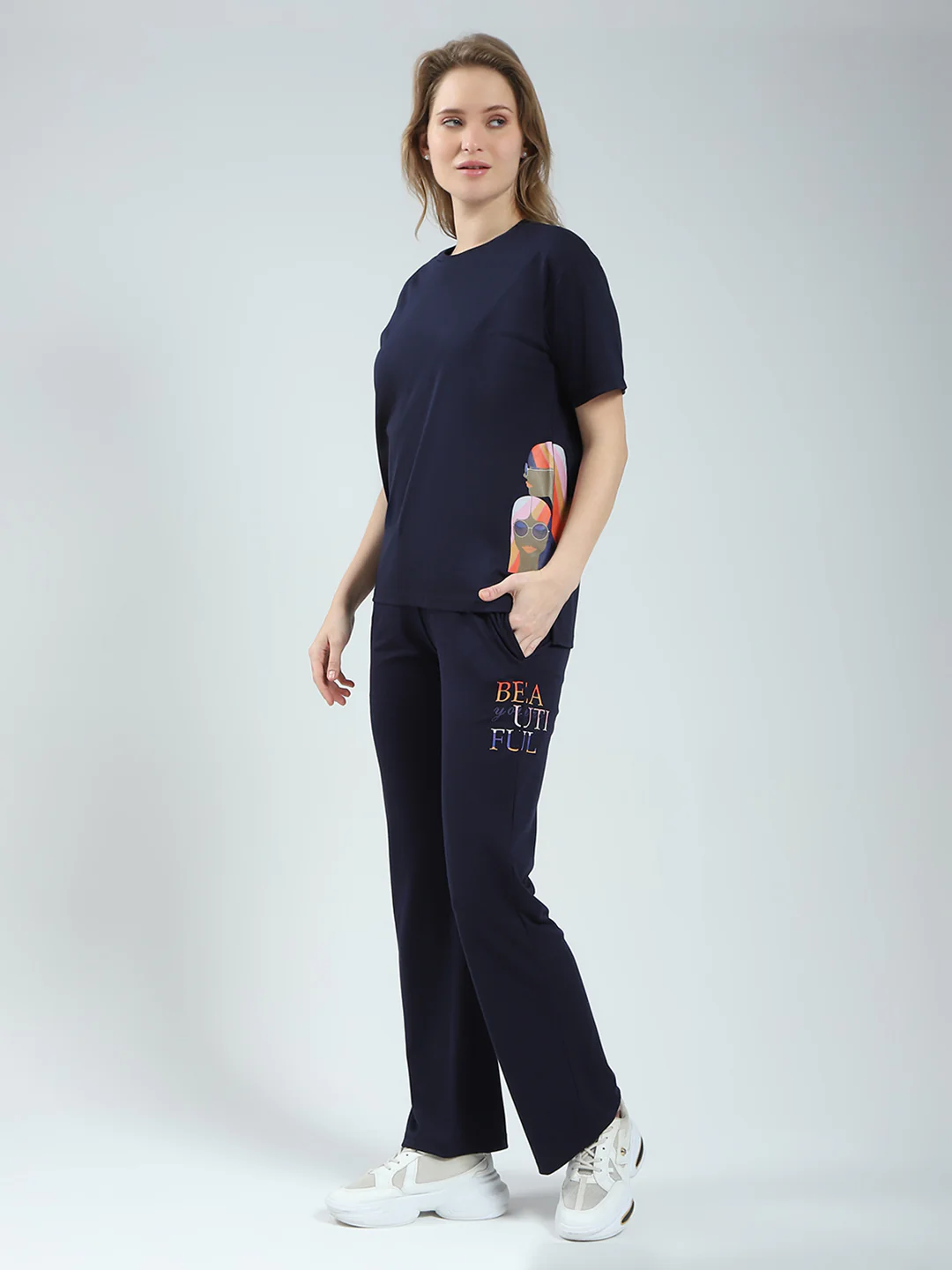 Women Navy Blue Printed Round Neck Half Sleeve Lower Set - Image 3