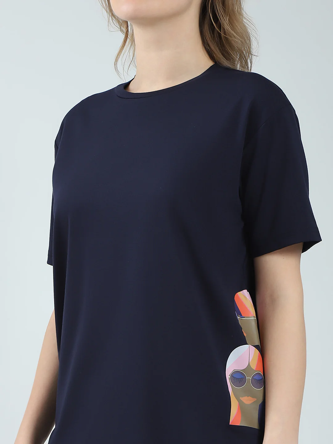Women Navy Blue Printed Round Neck Half Sleeve Lower Set - Image 7