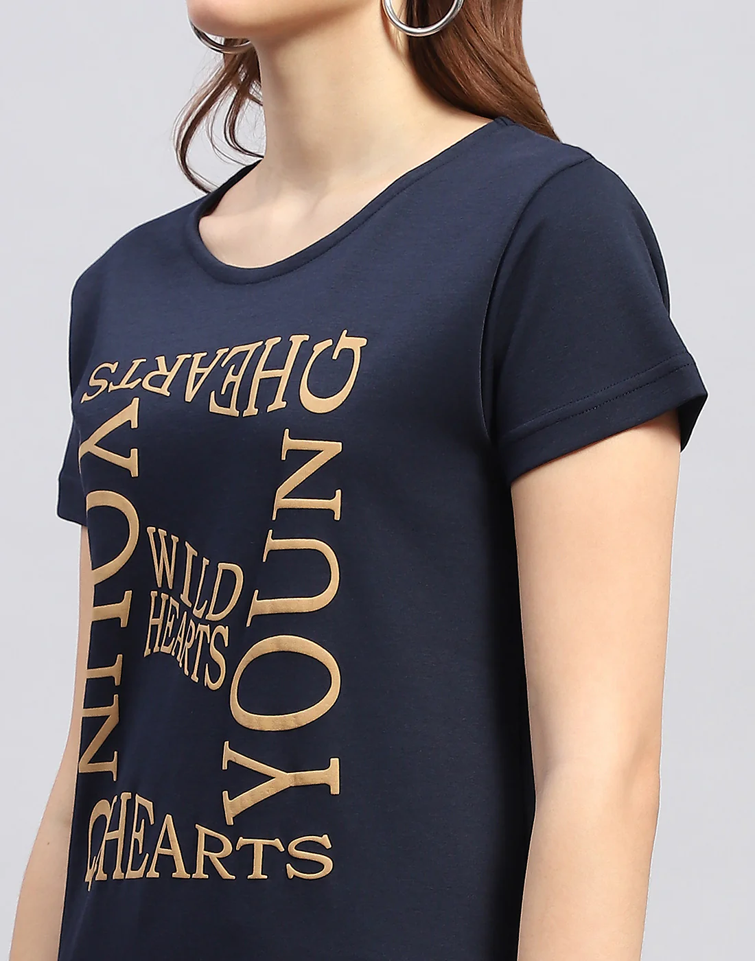 Women Navy Blue Printed Round Neck Half Sleeve Top - Image 6