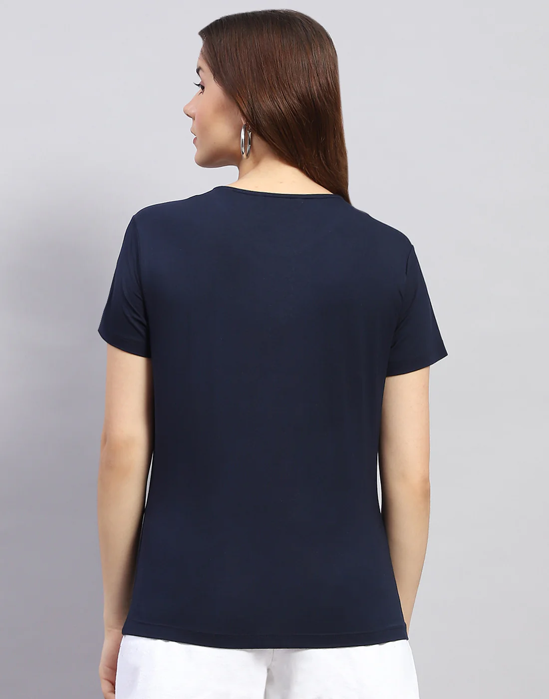 Women Navy Blue Printed Round Neck Half Sleeve Top - Image 5