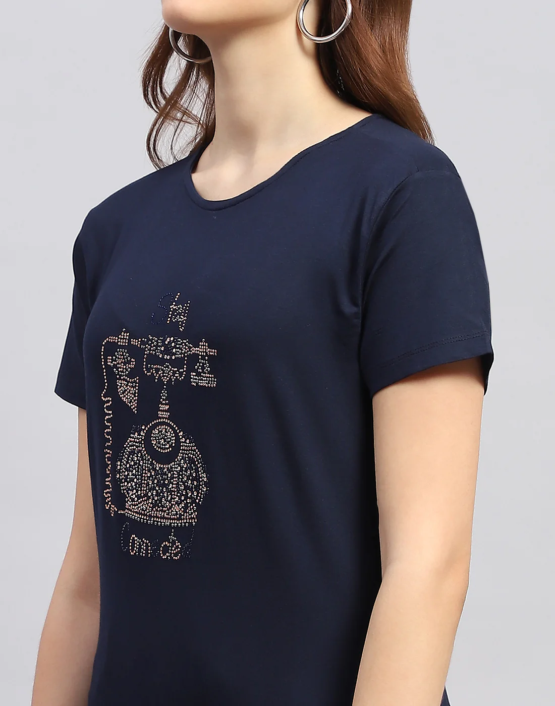 Women Navy Blue Printed Round Neck Half Sleeve Top - Image 6
