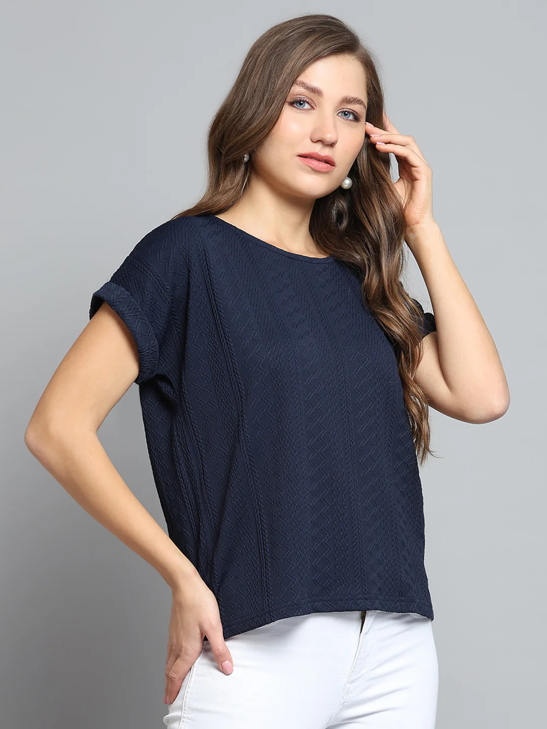Women Navy Blue Printed Round Neck Half Sleeve Top - Image 4