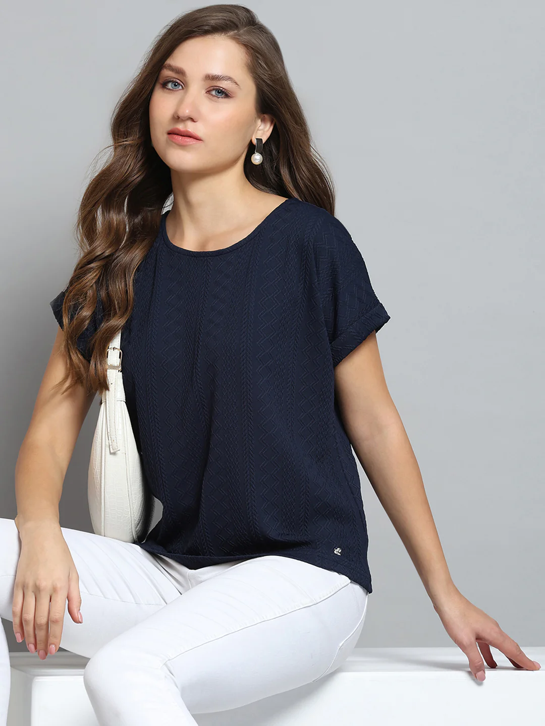 Women Navy Blue Printed Round Neck Half Sleeve Top - Image 6
