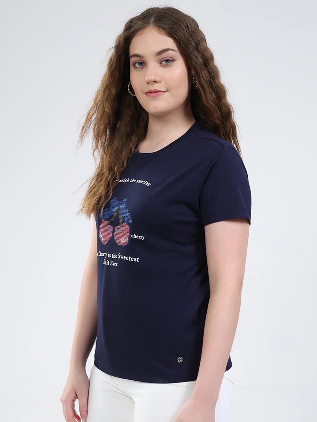 Women Navy Blue Printed Round Neck Half Sleeve Top - Image 3