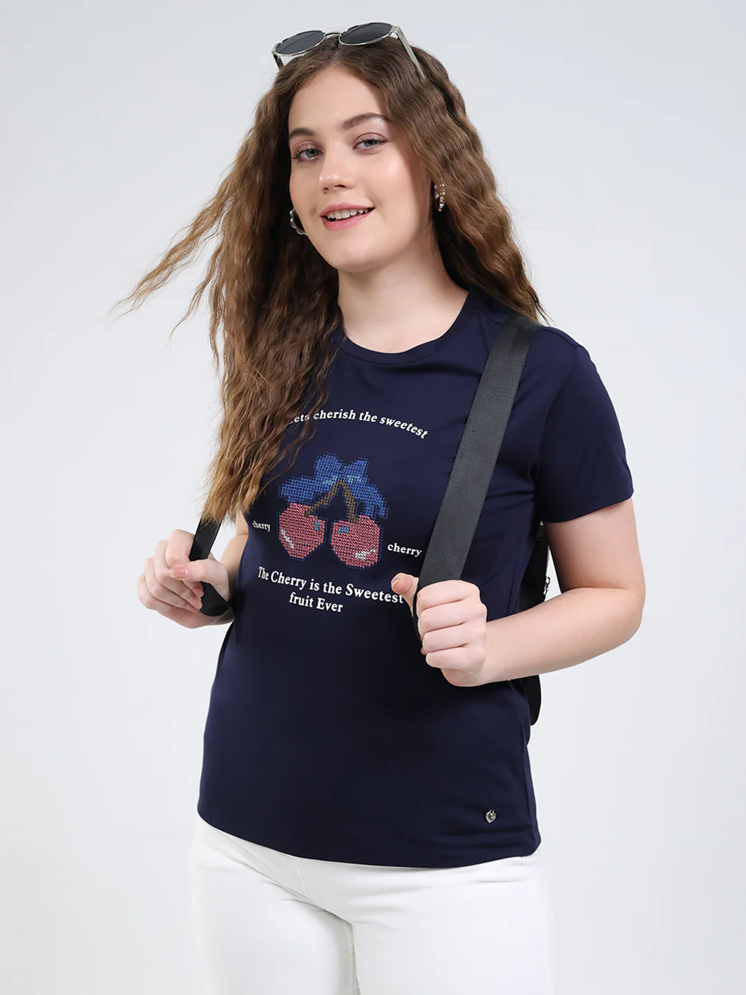 Women Navy Blue Printed Round Neck Half Sleeve Top - Image 6