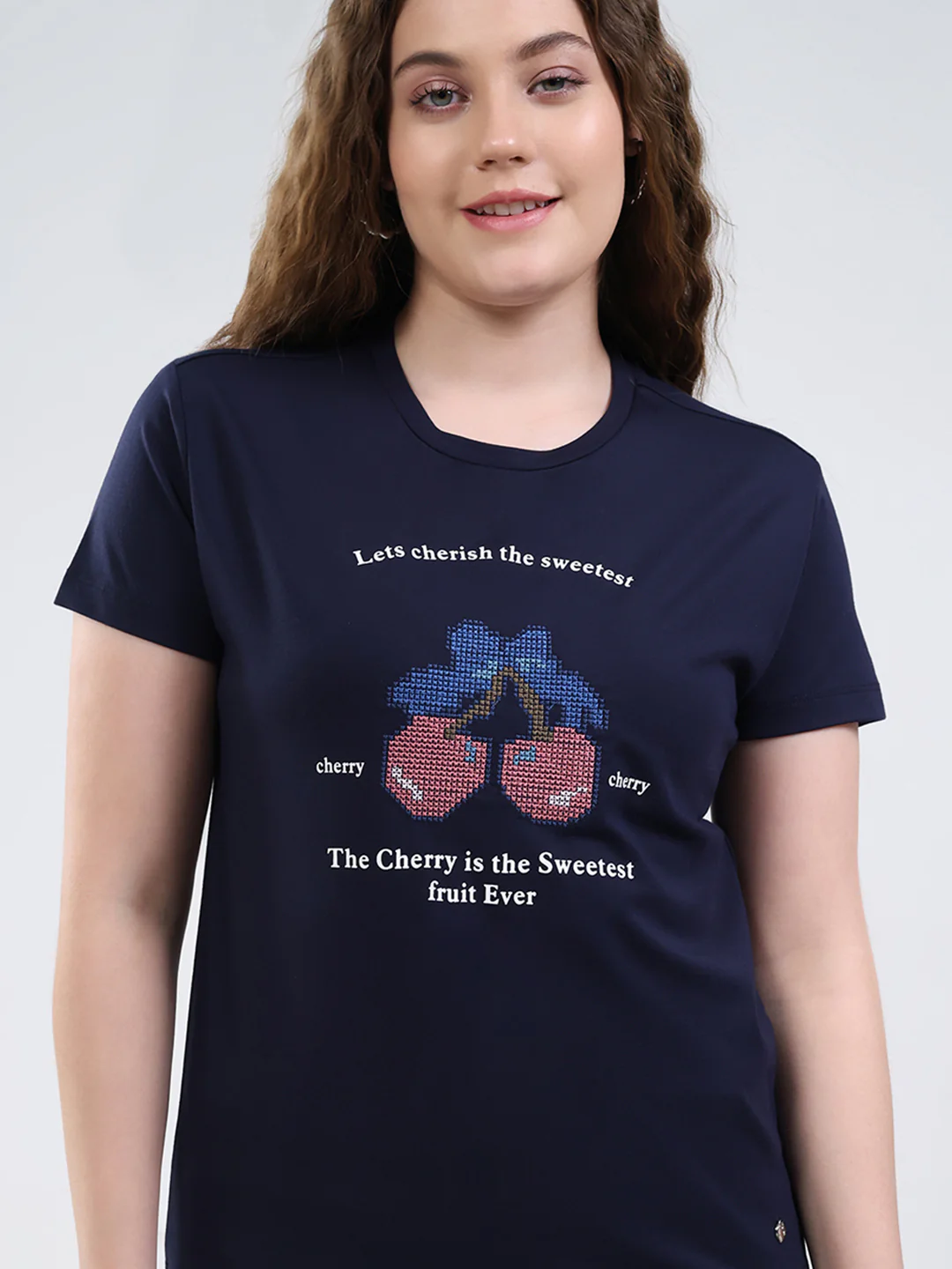 Women Navy Blue Printed Round Neck Half Sleeve Top - Image 7