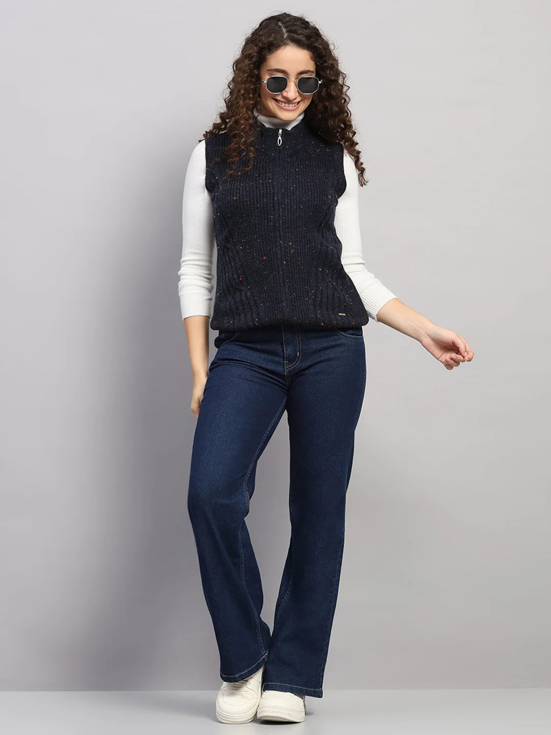 Women Navy Blue Printed Round Neck Sleeveless Cardigan - Image 2