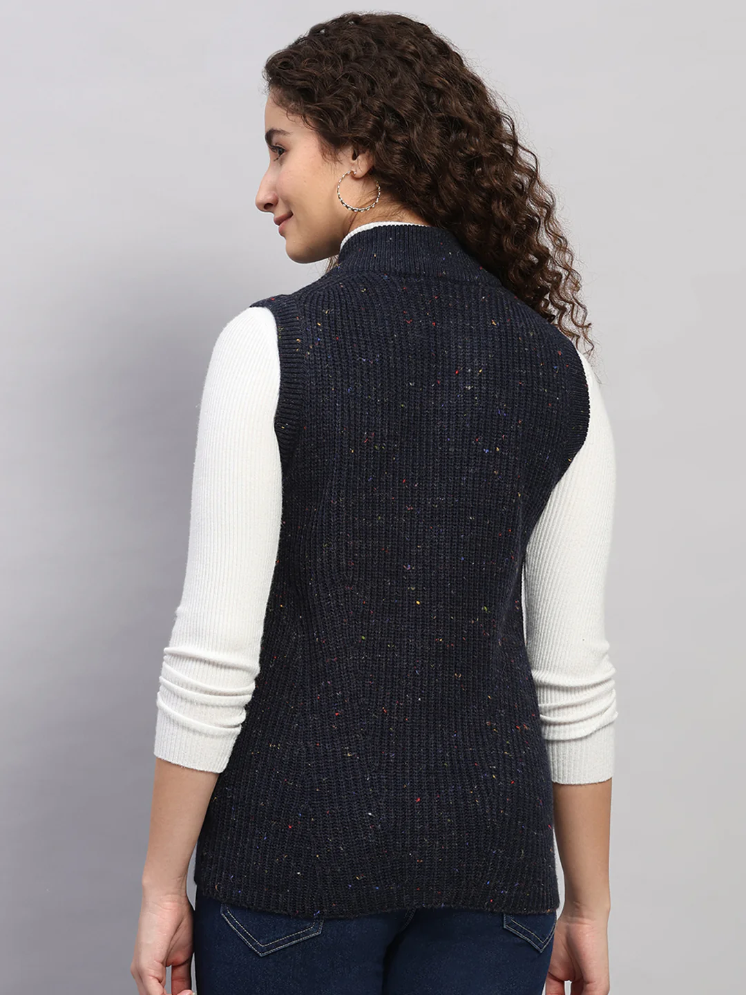 Women Navy Blue Printed Round Neck Sleeveless Cardigan - Image 5