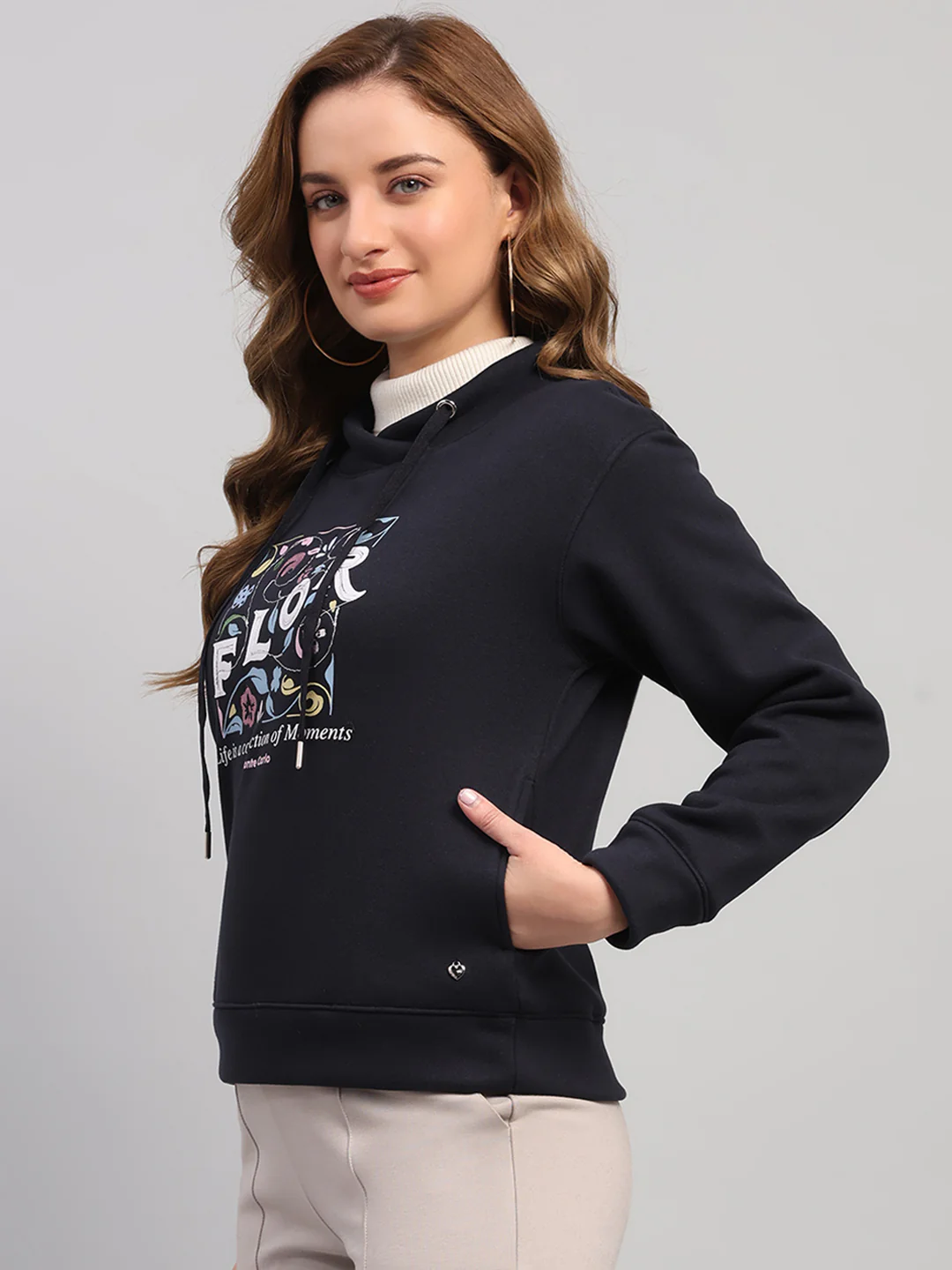Women Navy Blue Printed Turtle Neck Full Sleeve Sweatshirt - Image 3