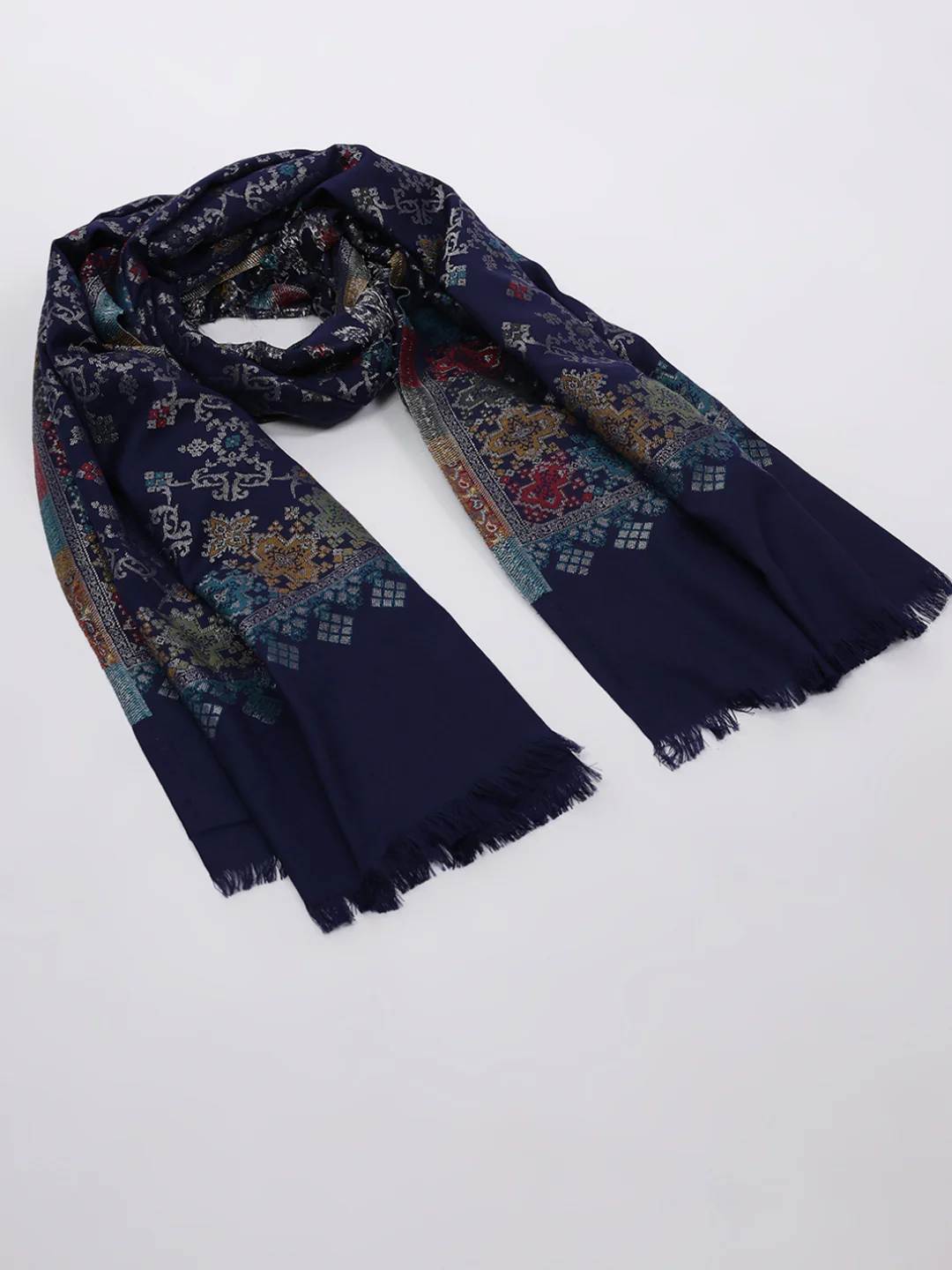 Women Navy Blue Printed Wool Blend Shawl - Image 2