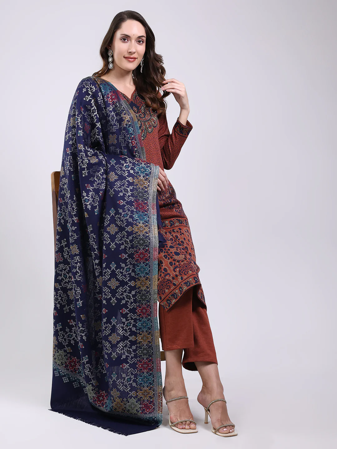 Women Navy Blue Printed Wool Blend Shawl - Image 5
