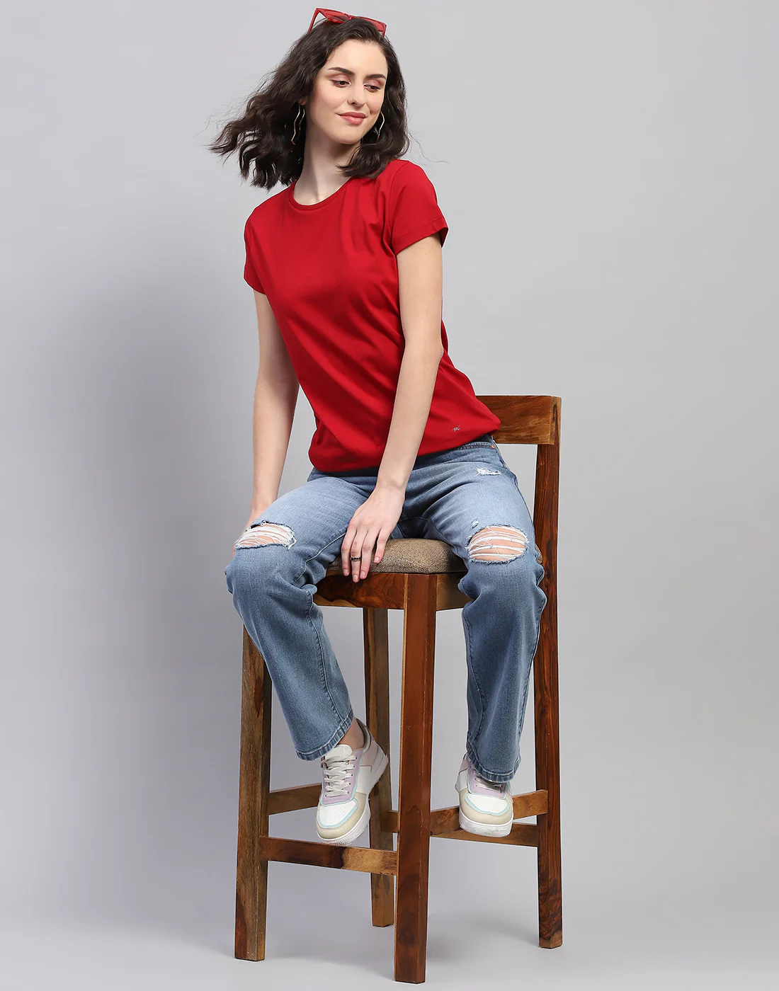 Women Navy Blue & Red Solid Round Neck Half Sleeve Top (Pack of 2) - Image 3