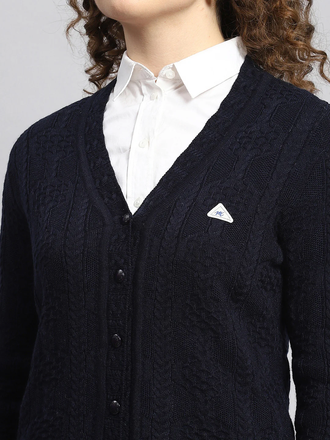 Women Navy Blue Self Cardigan - Image 6