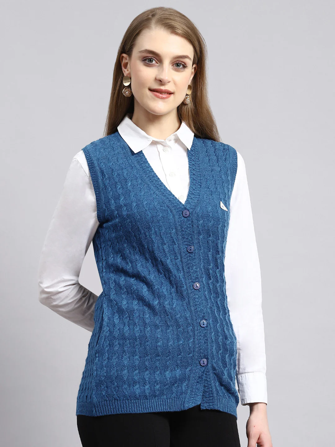 Women Navy Blue Self Cardigan - Image 2