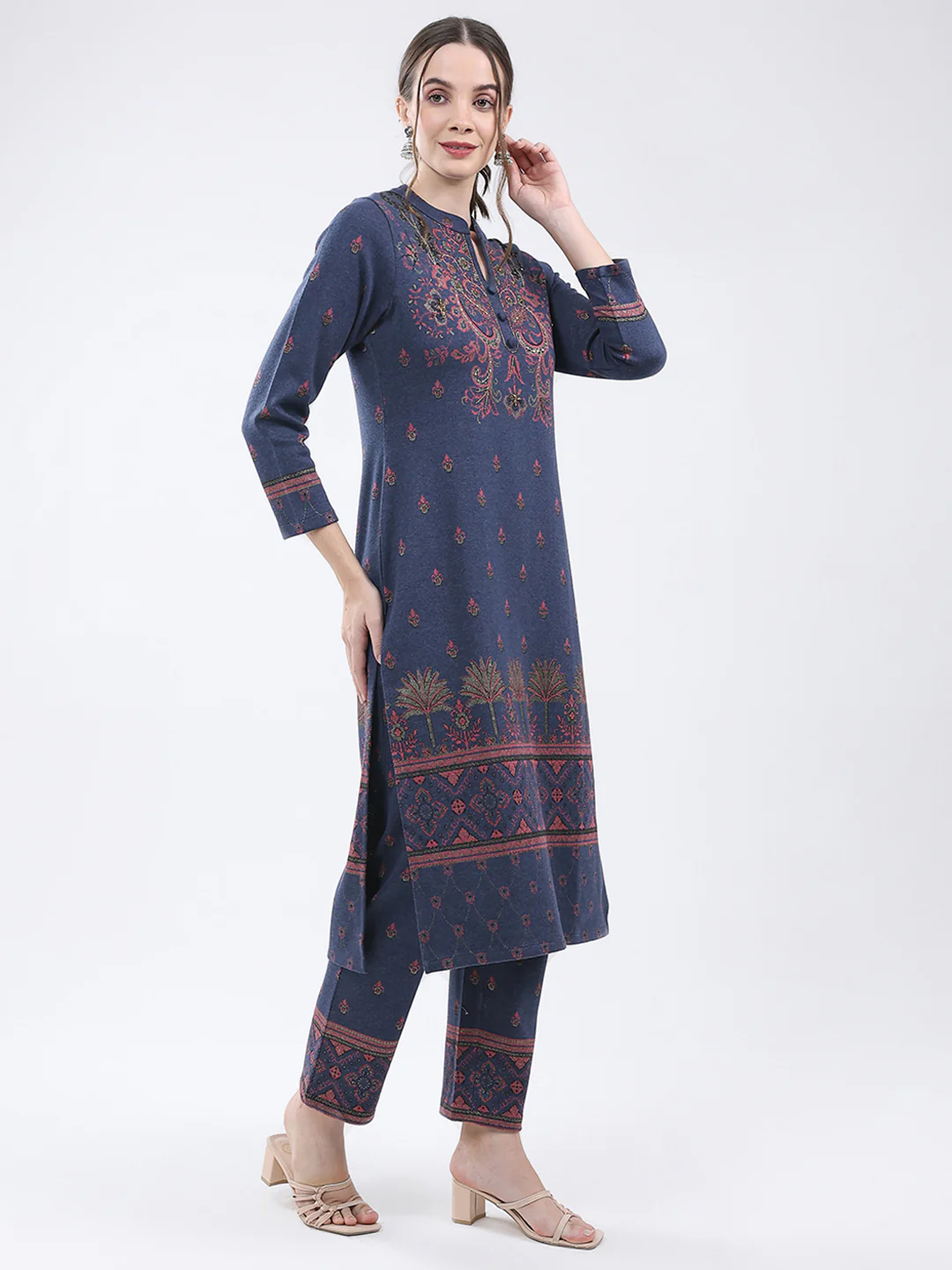 Women Navy Blue Self Design Band Neck Full Sleeve Kurti Set for Winter