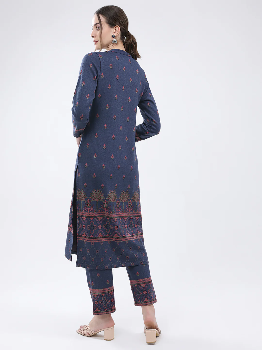 Women Navy Blue Self Design Band Neck Full Sleeve Kurti Set for Winter - Image 2