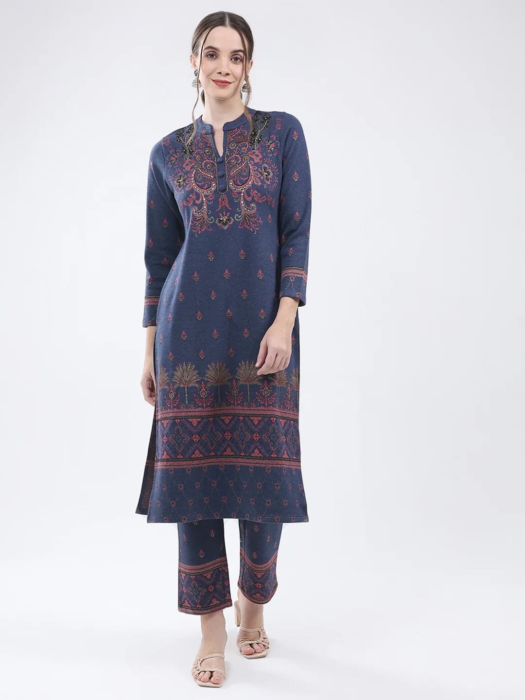 Women Navy Blue Self Design Band Neck Full Sleeve Kurti Set for Winter - Image 3
