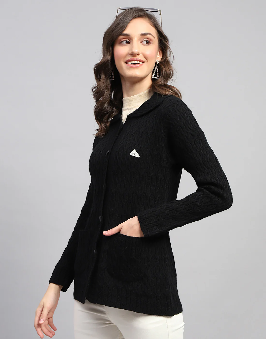 Women Navy Blue Self Design Collar Full Sleeve Cardigan - Image 3