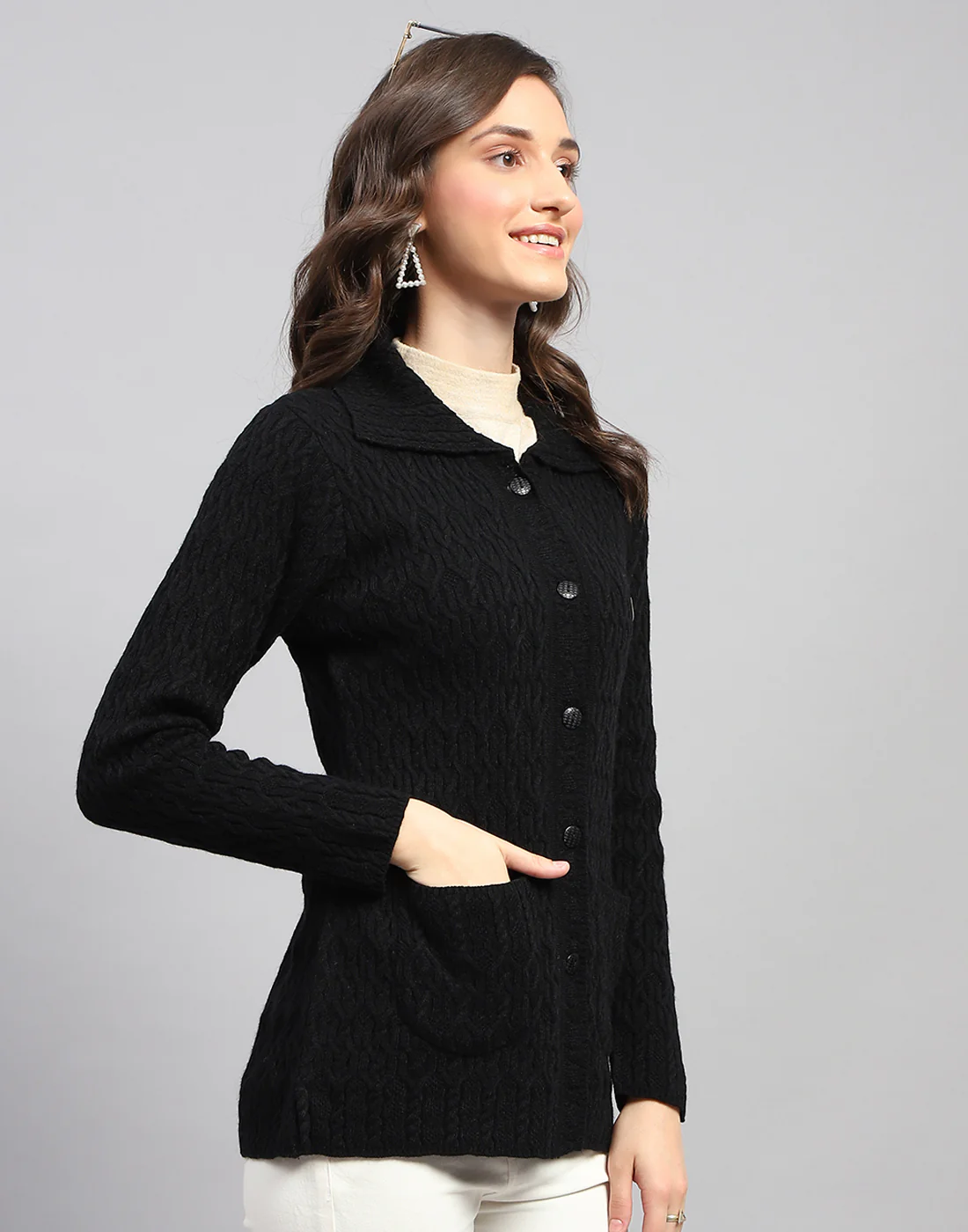 Women Navy Blue Self Design Collar Full Sleeve Cardigan - Image 4