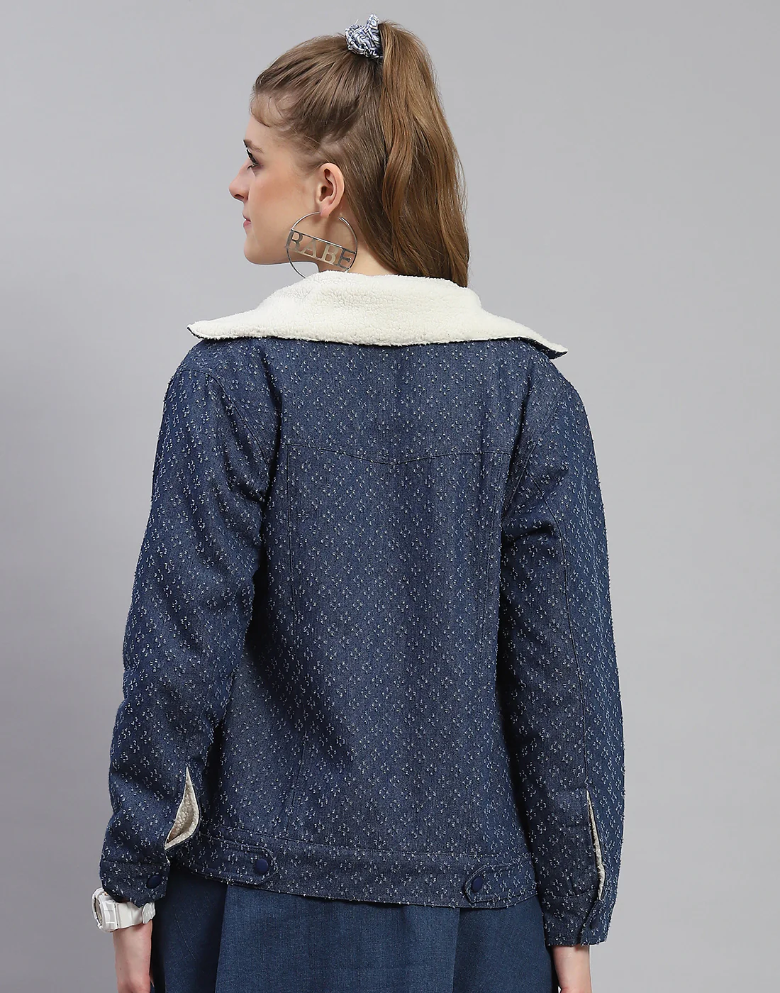 Women Navy Blue Self Design Collar Full Sleeve Jacket - Image 6