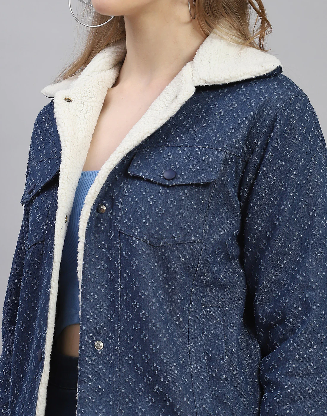 Women Navy Blue Self Design Collar Full Sleeve Jacket - Image 7