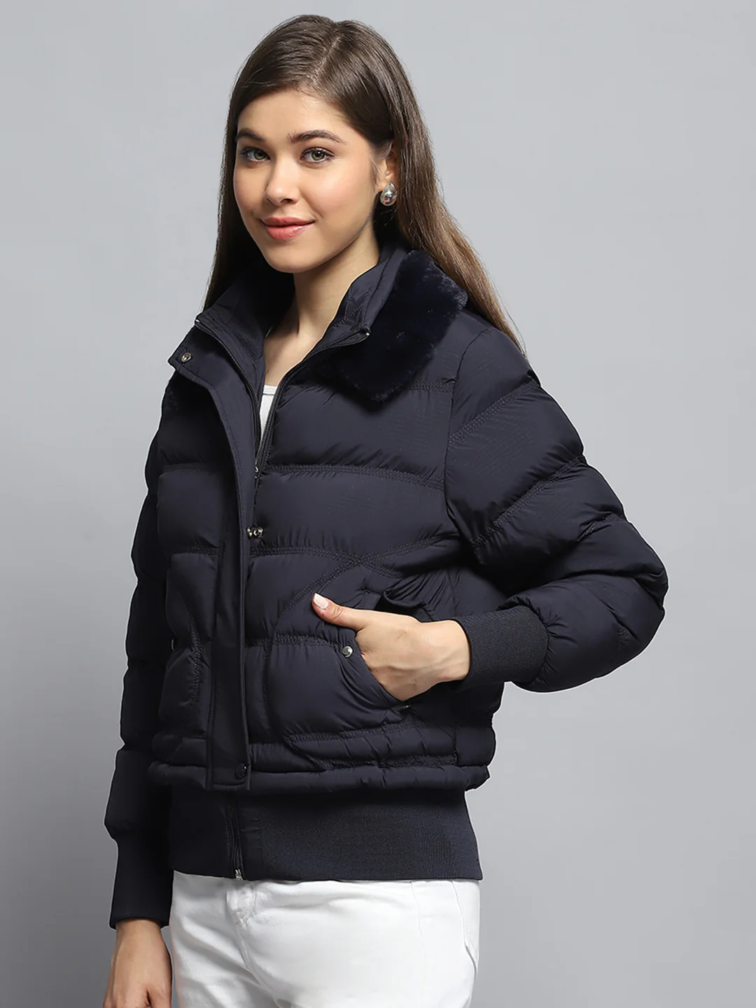 Women Navy Blue Self Design Collar Full Sleeve Jacket - Image 3