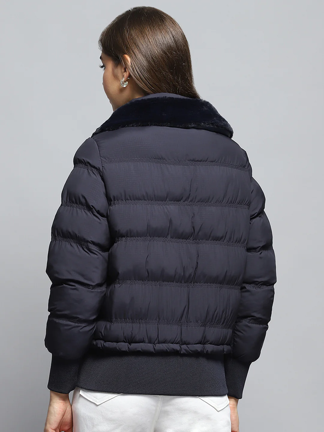 Women Navy Blue Self Design Collar Full Sleeve Jacket - Image 5