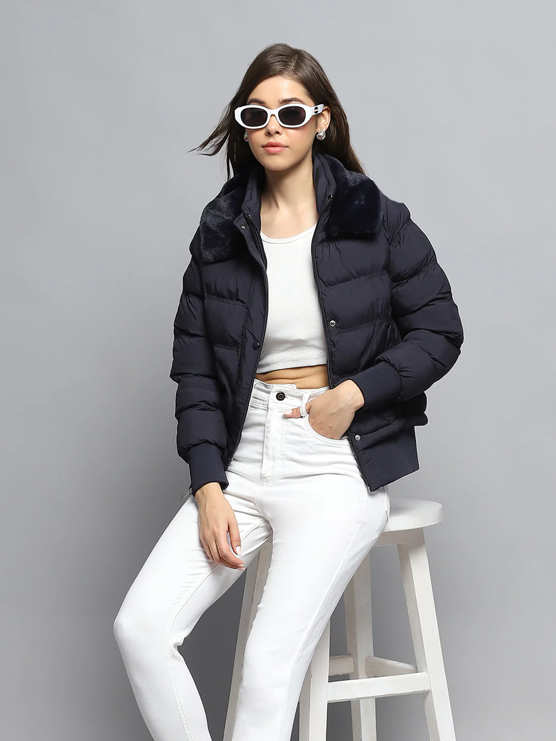 Women Navy Blue Self Design Collar Full Sleeve Jacket - Image 6