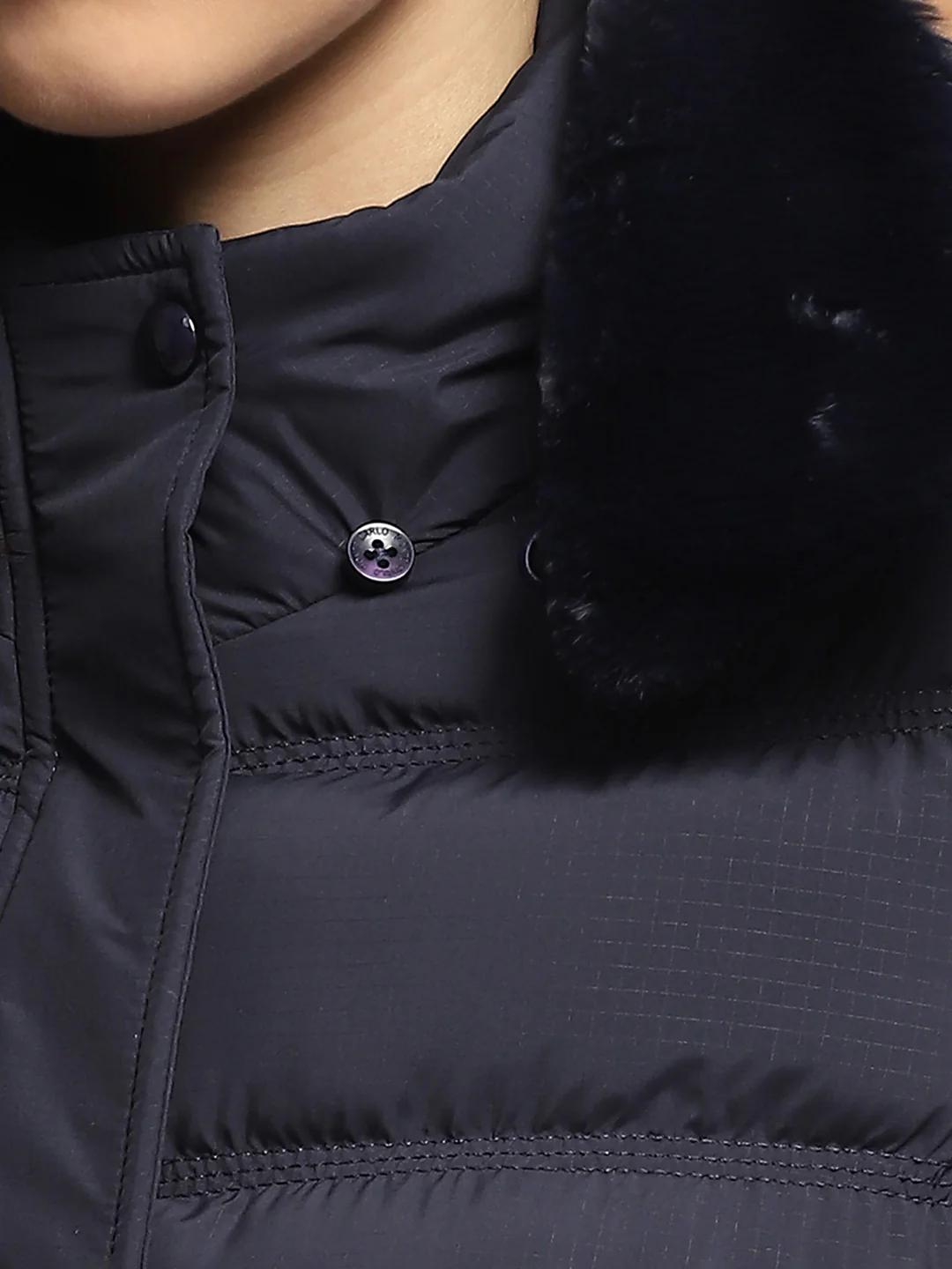 Women Navy Blue Self Design Collar Full Sleeve Jacket - Image 9
