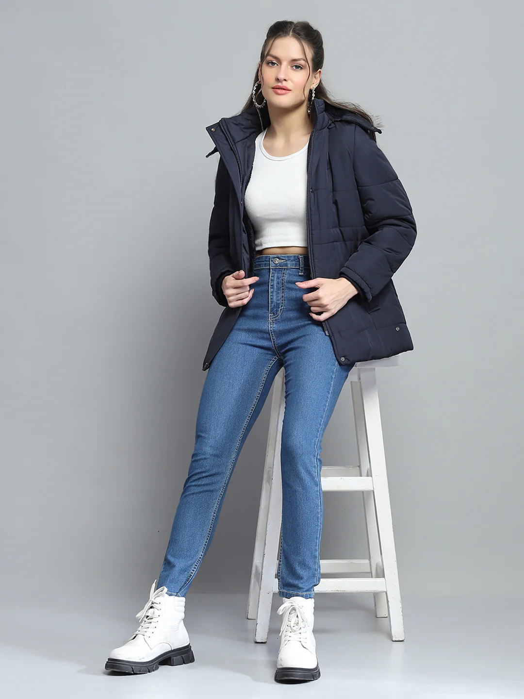 Women Navy Blue Self Design Detachable Hood Full Sleeve Jacket - Image 2