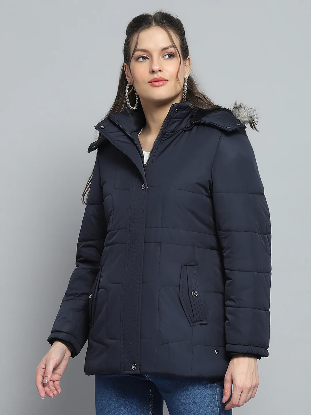 Women Navy Blue Self Design Detachable Hood Full Sleeve Jacket - Image 3