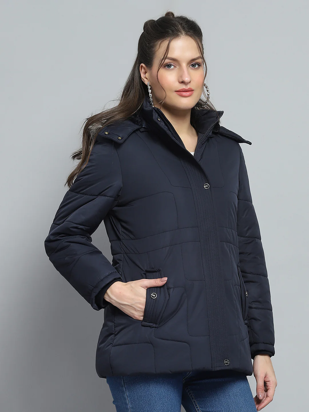 Women Navy Blue Self Design Detachable Hood Full Sleeve Jacket - Image 4