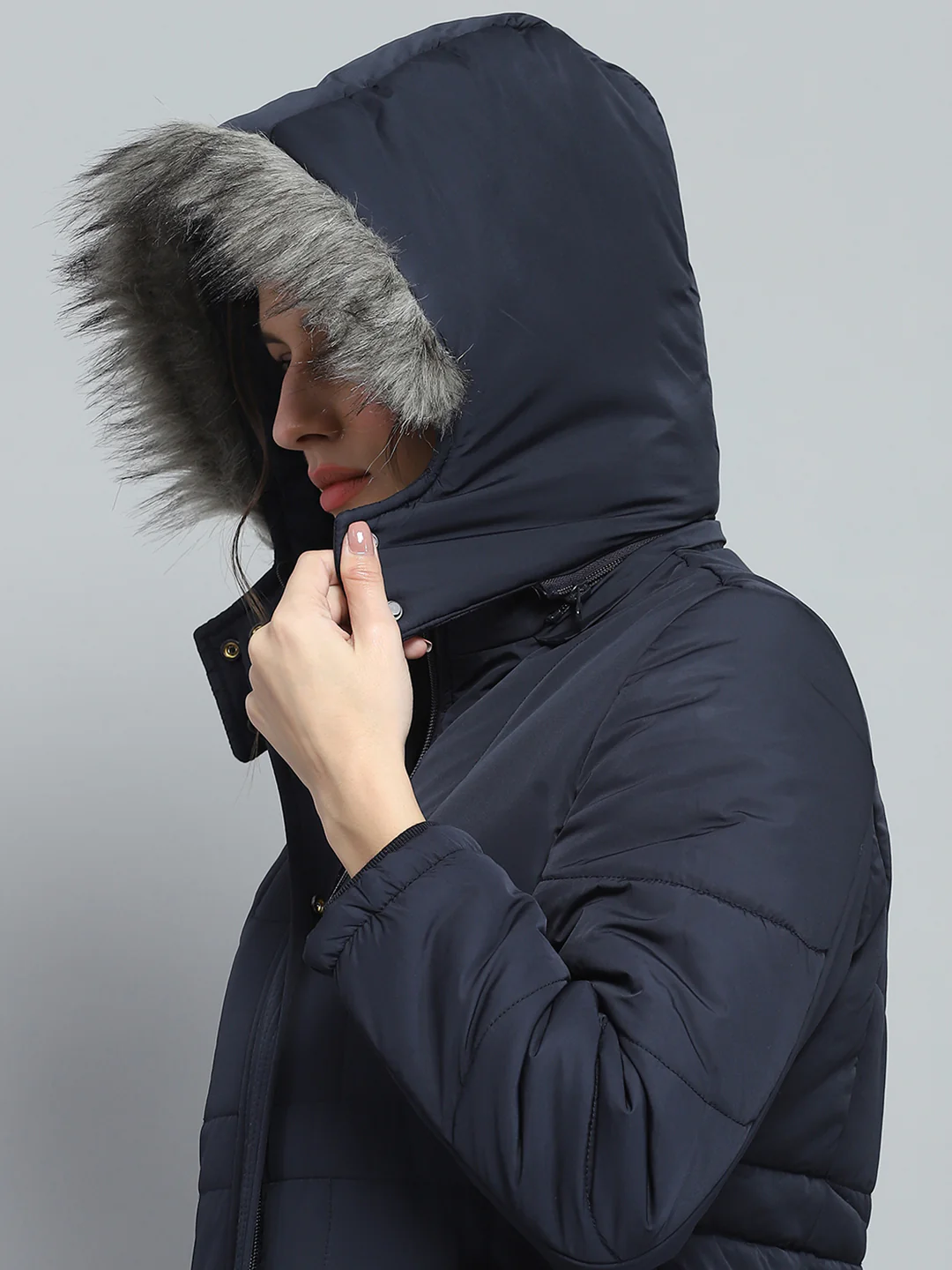 Women Navy Blue Self Design Detachable Hood Full Sleeve Jacket - Image 6