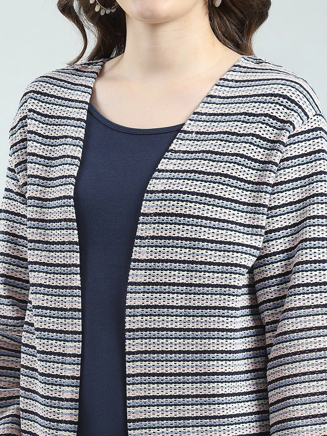 Women Navy Blue Self Design Front Open 3/4th Sleeve Shrug - Image 6