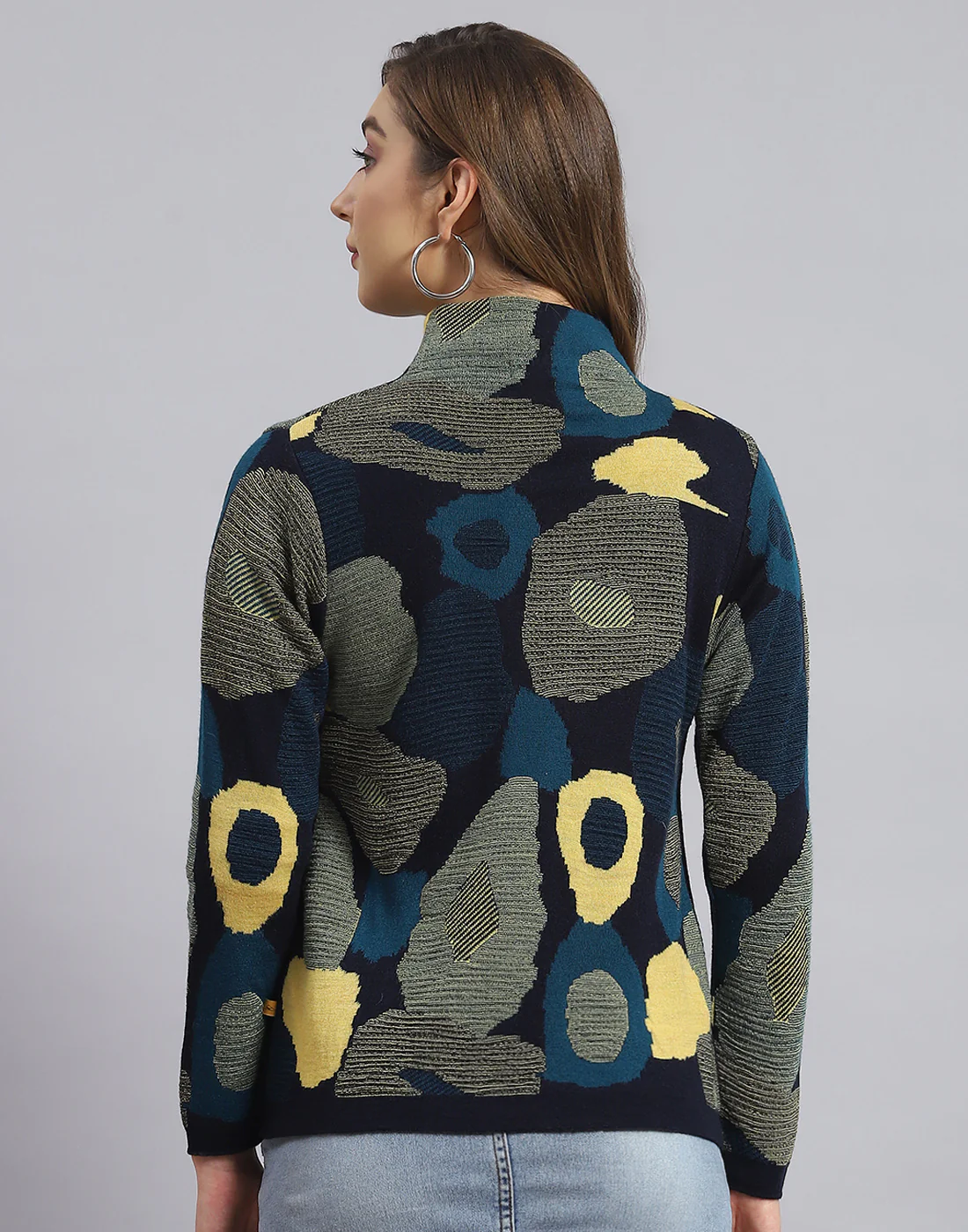 Women Navy Blue Self Design H Neck Full Sleeve Sweater - Image 6