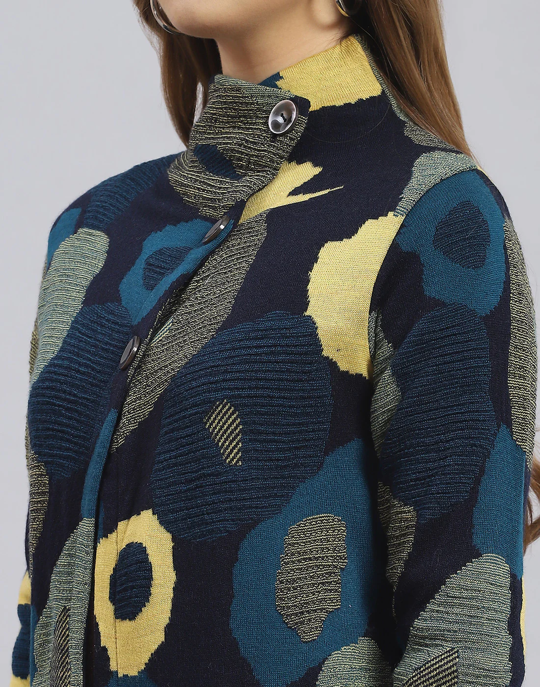 Women Navy Blue Self Design H Neck Full Sleeve Sweater - Image 7