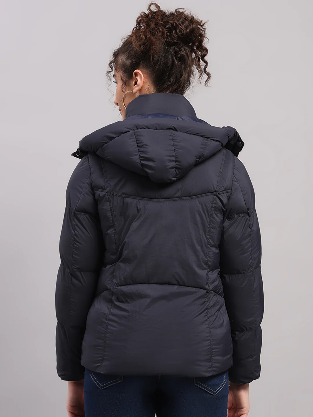 Women Navy Blue Self Design Hooded Full Sleeve Jacket - Image 5