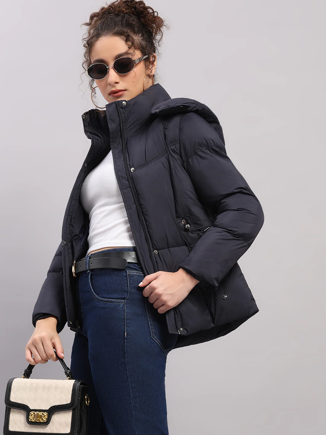 Women Navy Blue Self Design Hooded Full Sleeve Jacket - Image 6